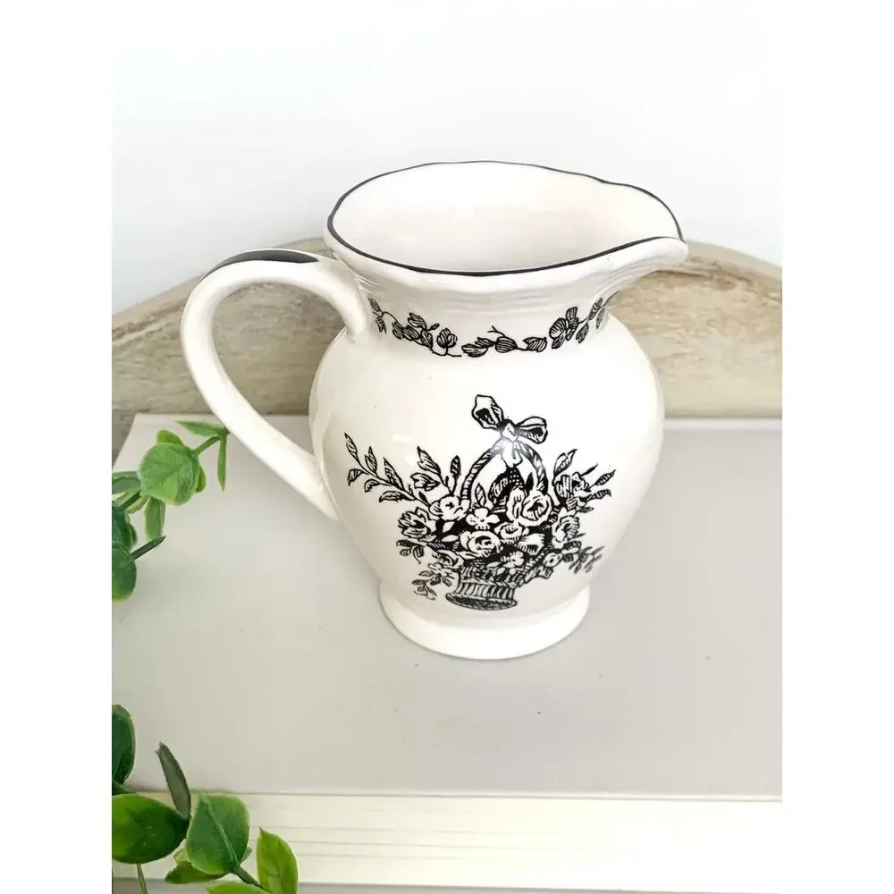 Vintage Black Transferware Creamer Vase New England Toile Farmhouse Whimsigoth